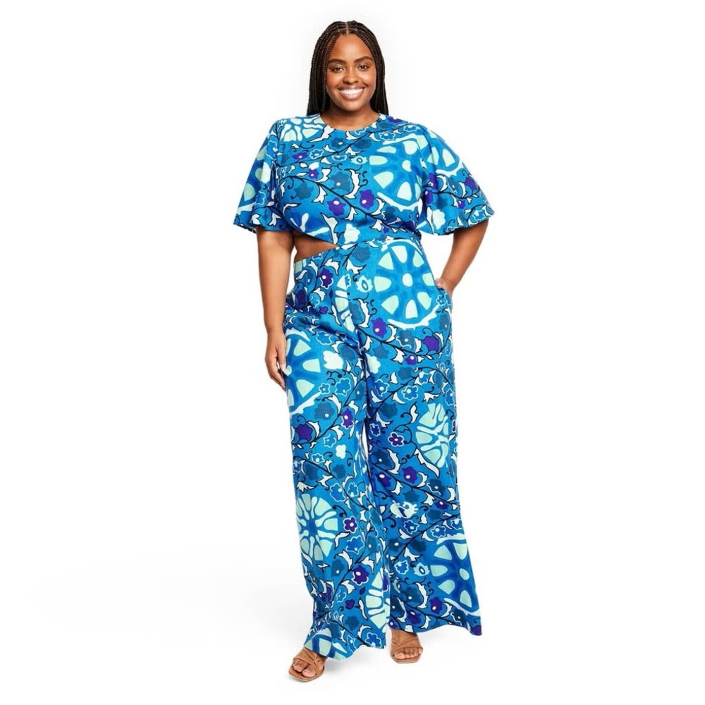 RHODE Blue Printed Wide-Leg Jumpsuit with Cutout Detail
